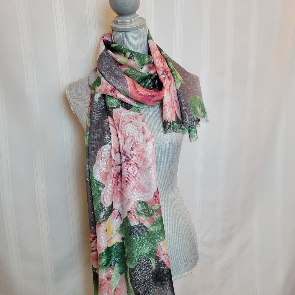 INC International Concepts Black and Rose Floral Scarf, NWT
